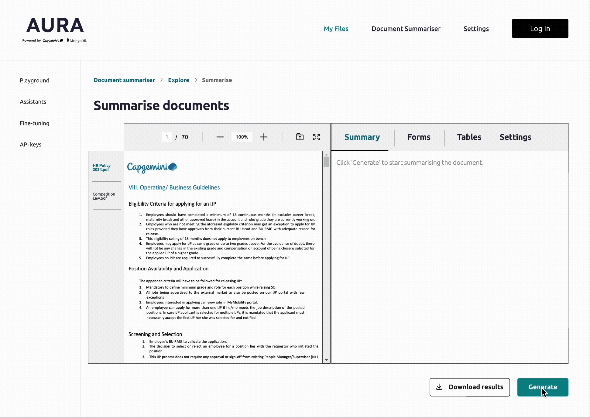 Animation of AURA’s Generate feature creating a draft from a prompt with inline editing