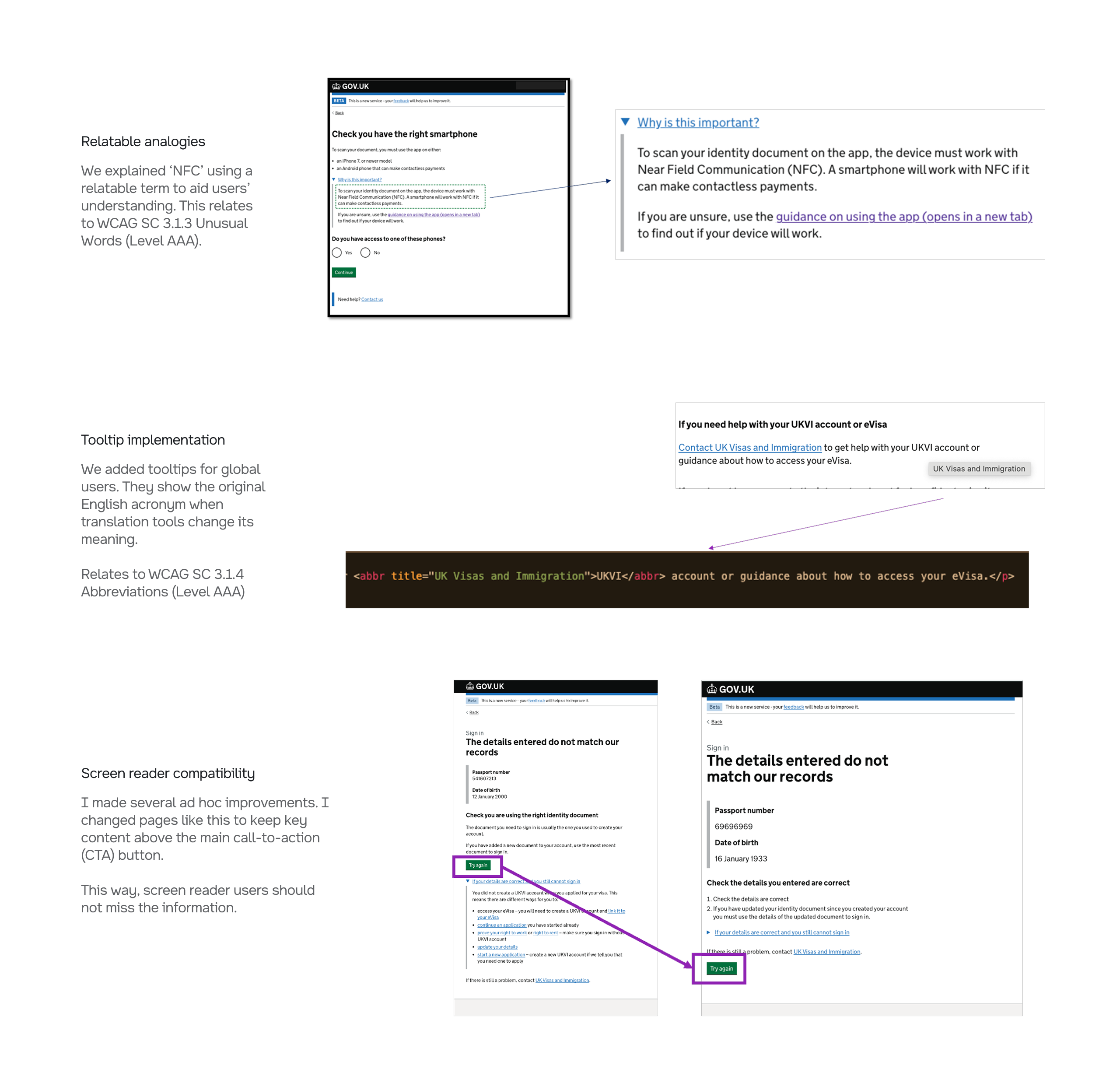Examples showing NFC explained in plain language, an acronym tooltip using the abbr element, and a layout change that keeps key info before the primary action for screen readers