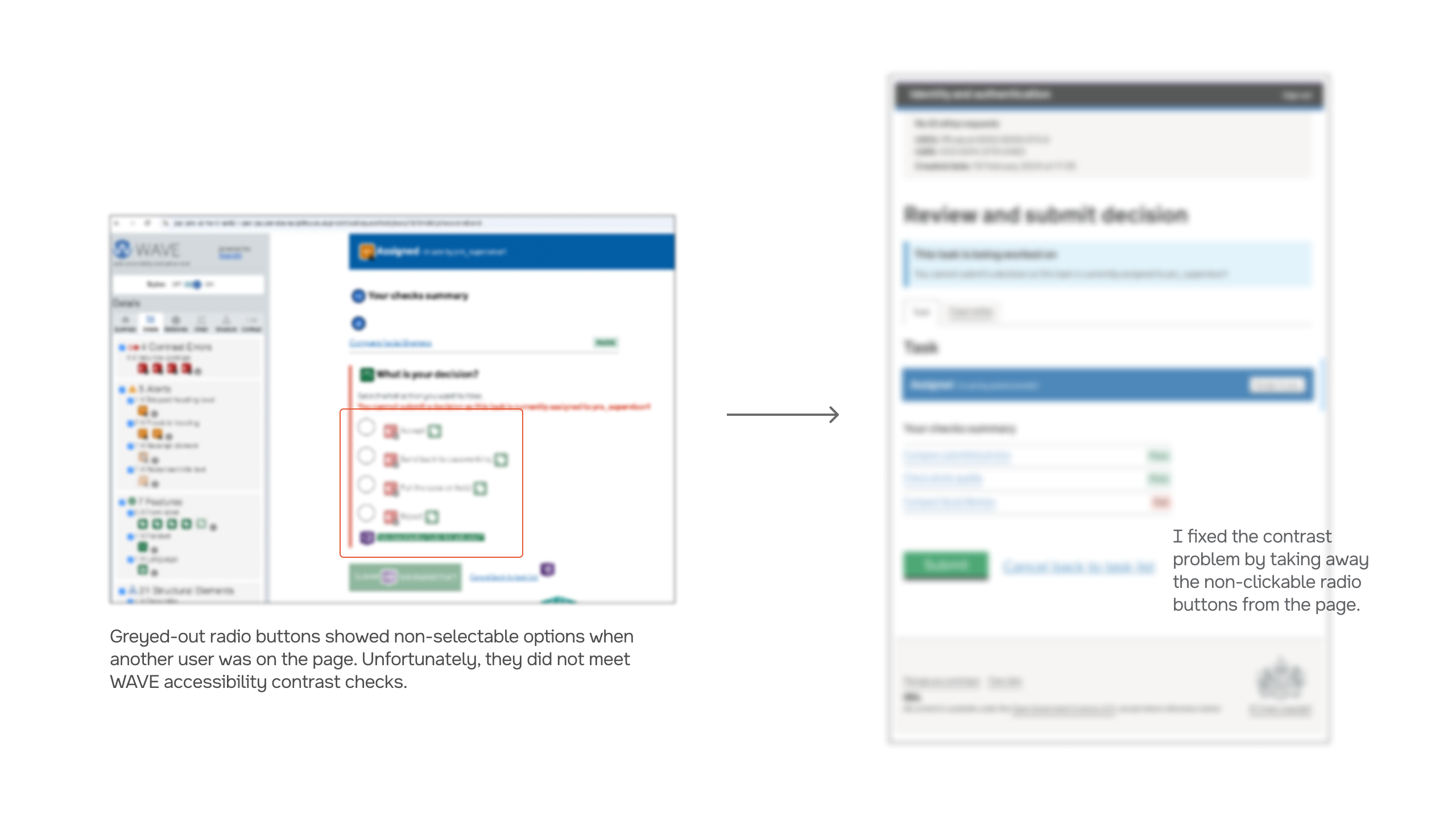 WAVE accessibility report highlighting greyed out radio buttons that failed contrast checks next to the page where those radios appear disabled